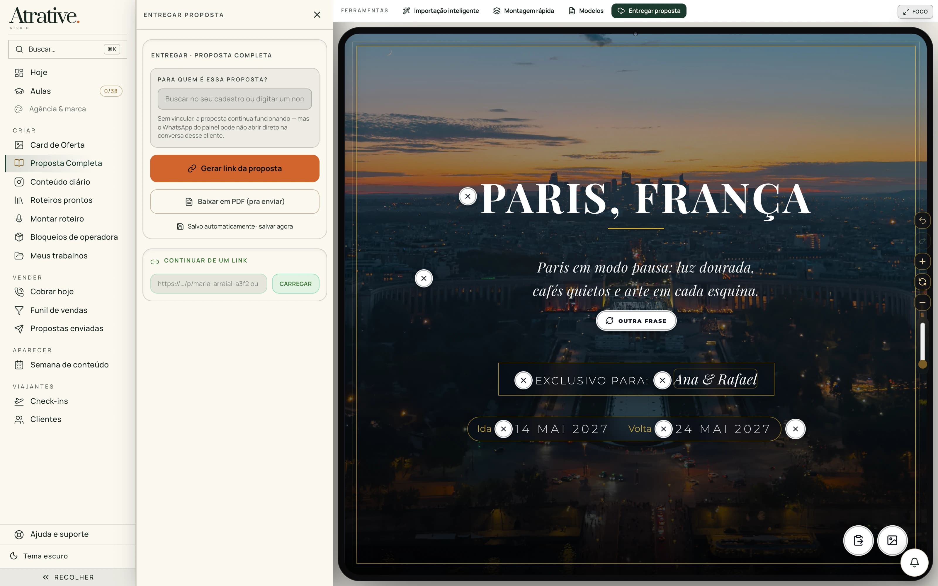 Tela do Atrative Studio com uma proposta de Paris pronta para gerar link ou baixar em PDF